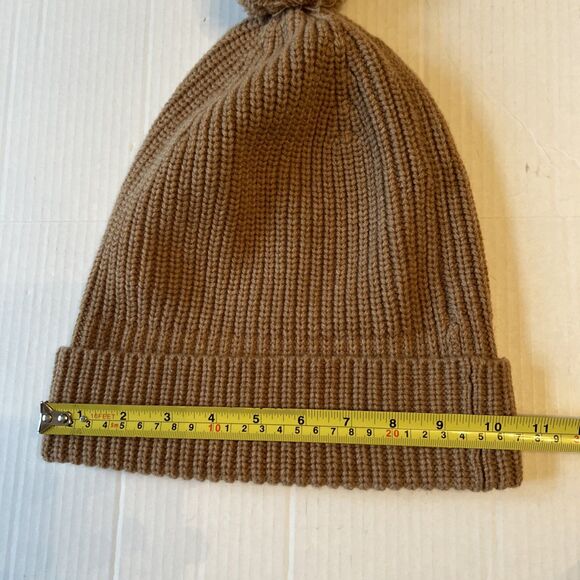 LUXTON Sz L Women\'s Ribbed 90%Wool 10%Cashmere Pom Pom Beanie Hat Camel NWOT main image 5